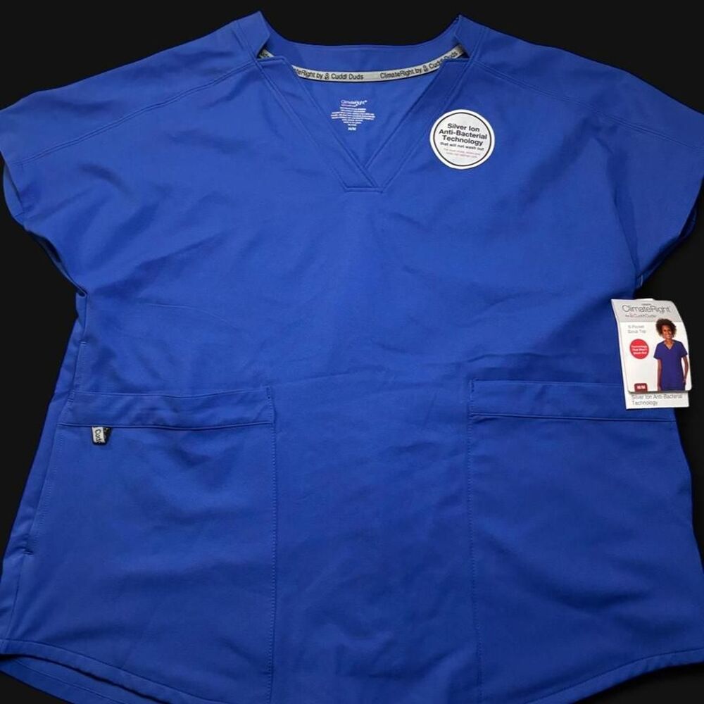 ClimateRight by Cuddl Duds Scrub Top Women Medium M | Royal Blue 6-Pocket NWT